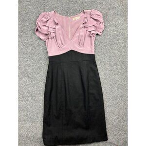 Rebecca Taylor Wool Dress Women's 6 Pink Black Ruffle Short Sleeve V Neck Silk